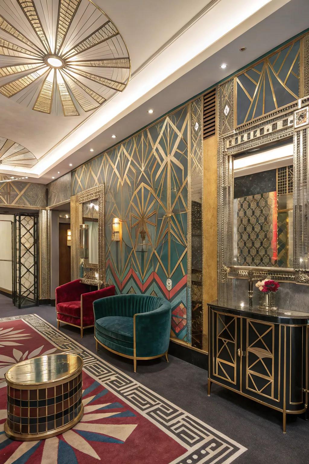 Art Deco splendor featuring bold designs and opulent accents.