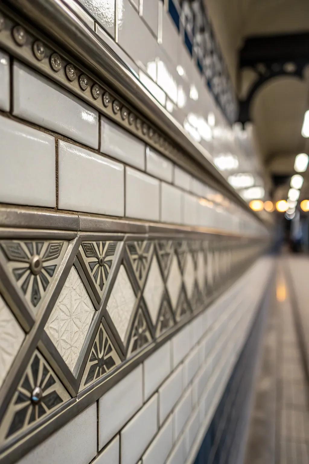 Metal strip profiles add striking visual separations in tiling designs.