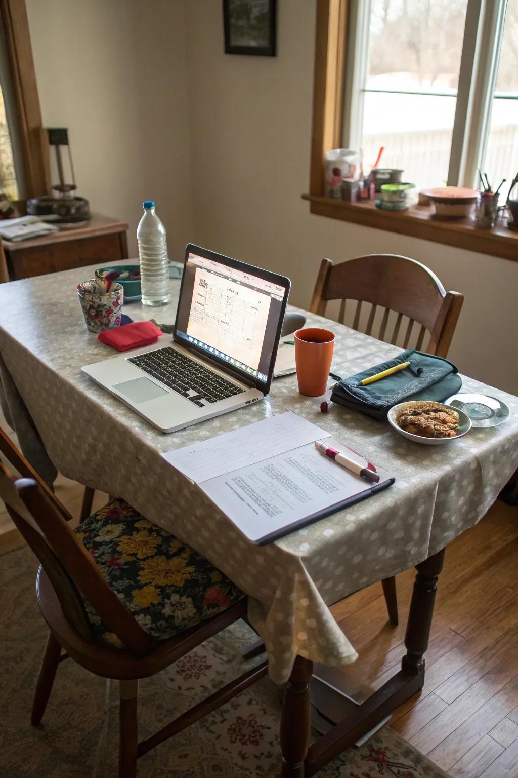 A multi-use dining table works as an efficient workspace.