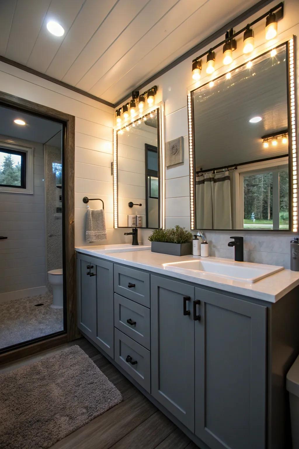 This small bathroom benefits from LED lighting that creates both depth and ambiance.