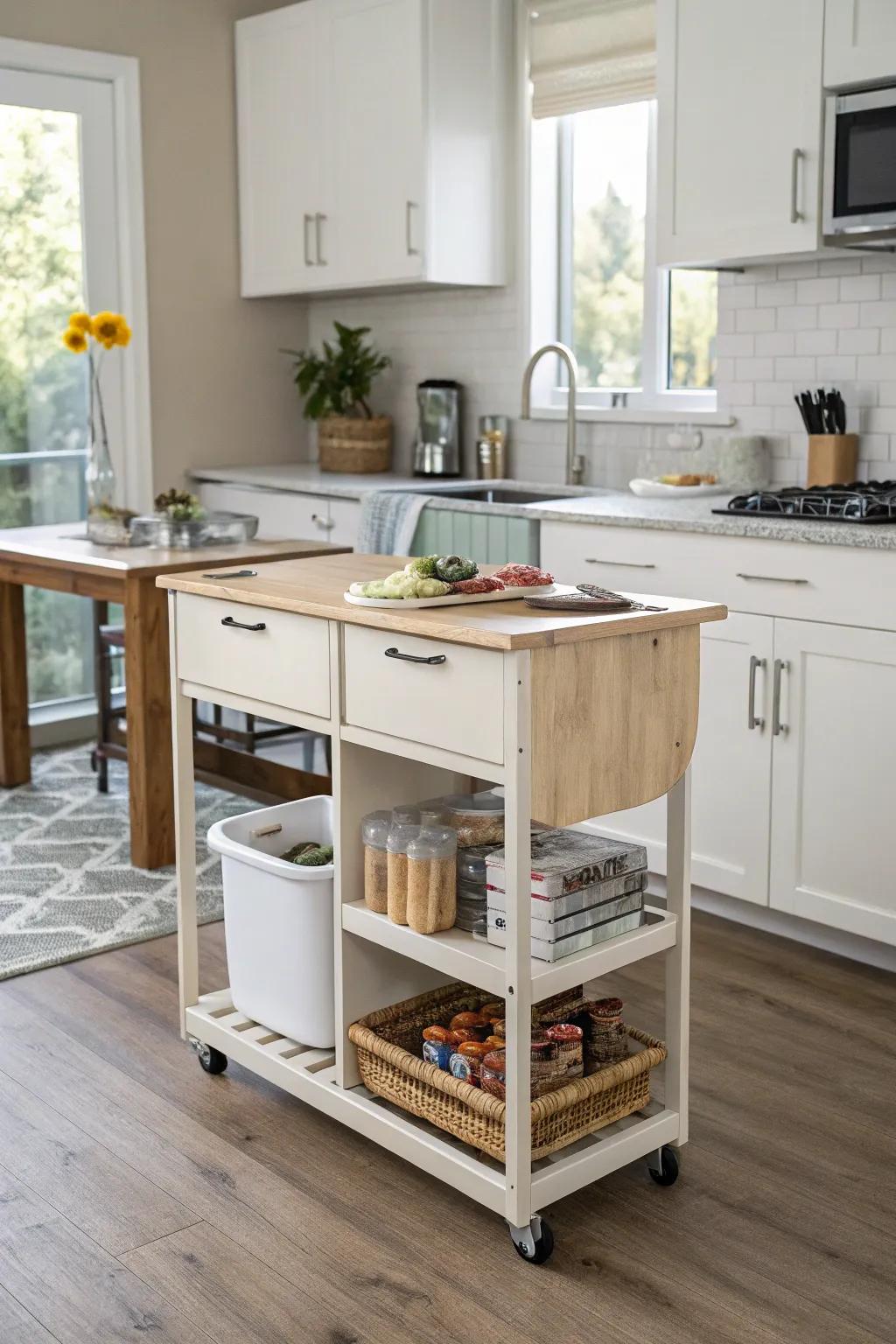 A movable island contributes adaptability and utility to a small kitchen.
