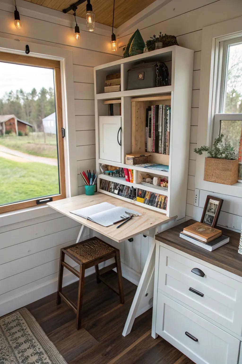 Foldable furniture with roll-out shelves providing adaptable small house work areas