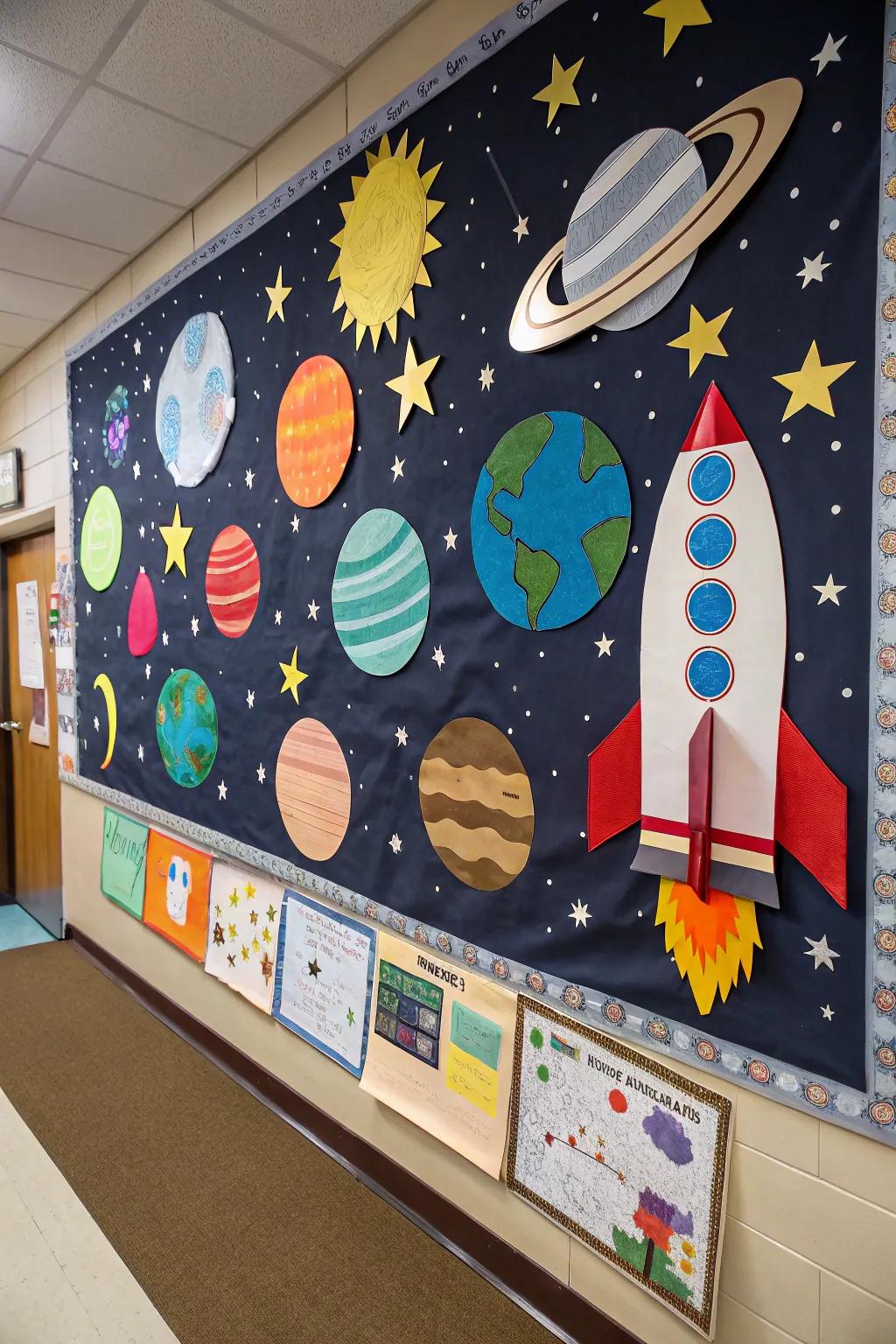 A space-themed display featuring planets and celestial bodies.