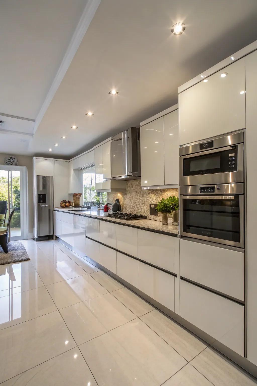 High gloss finishes add glamour and create the illusion of more space in your kitchen.