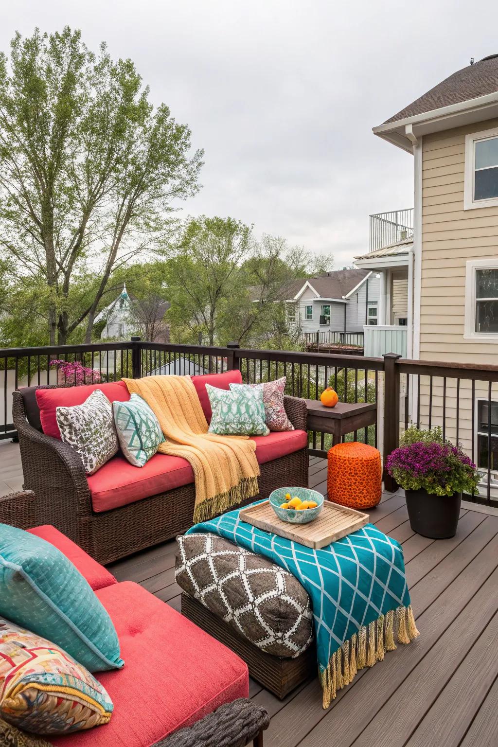 Bring bursts of color with fabrics to help make your deck comfortable and welcoming.