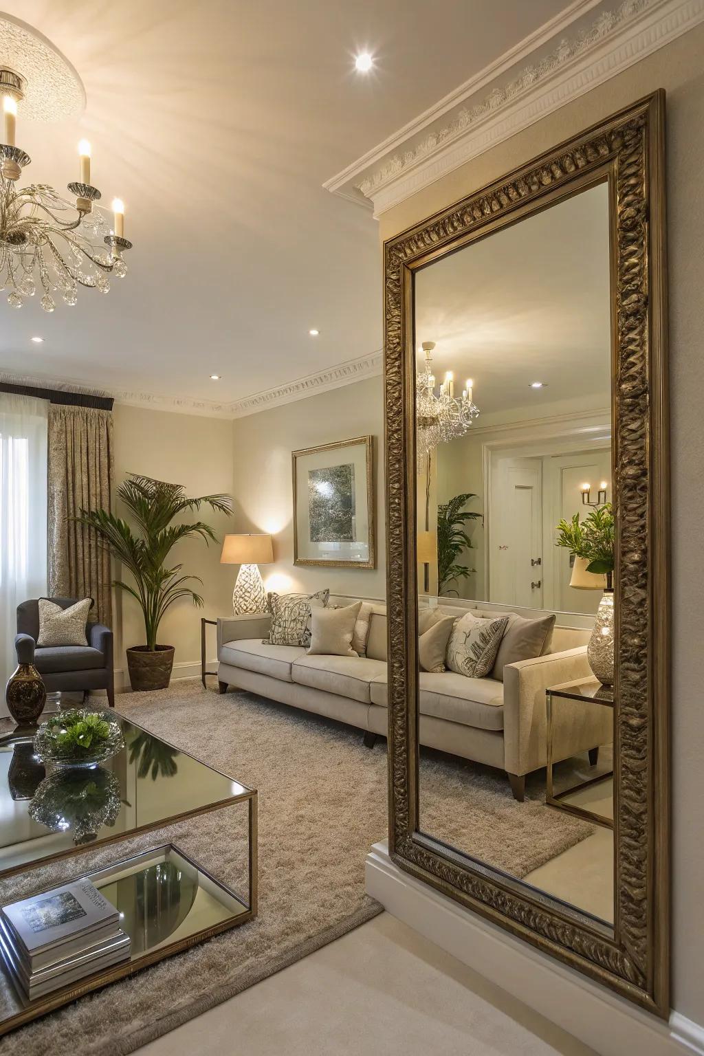 Living area featuring a large decorative mirror