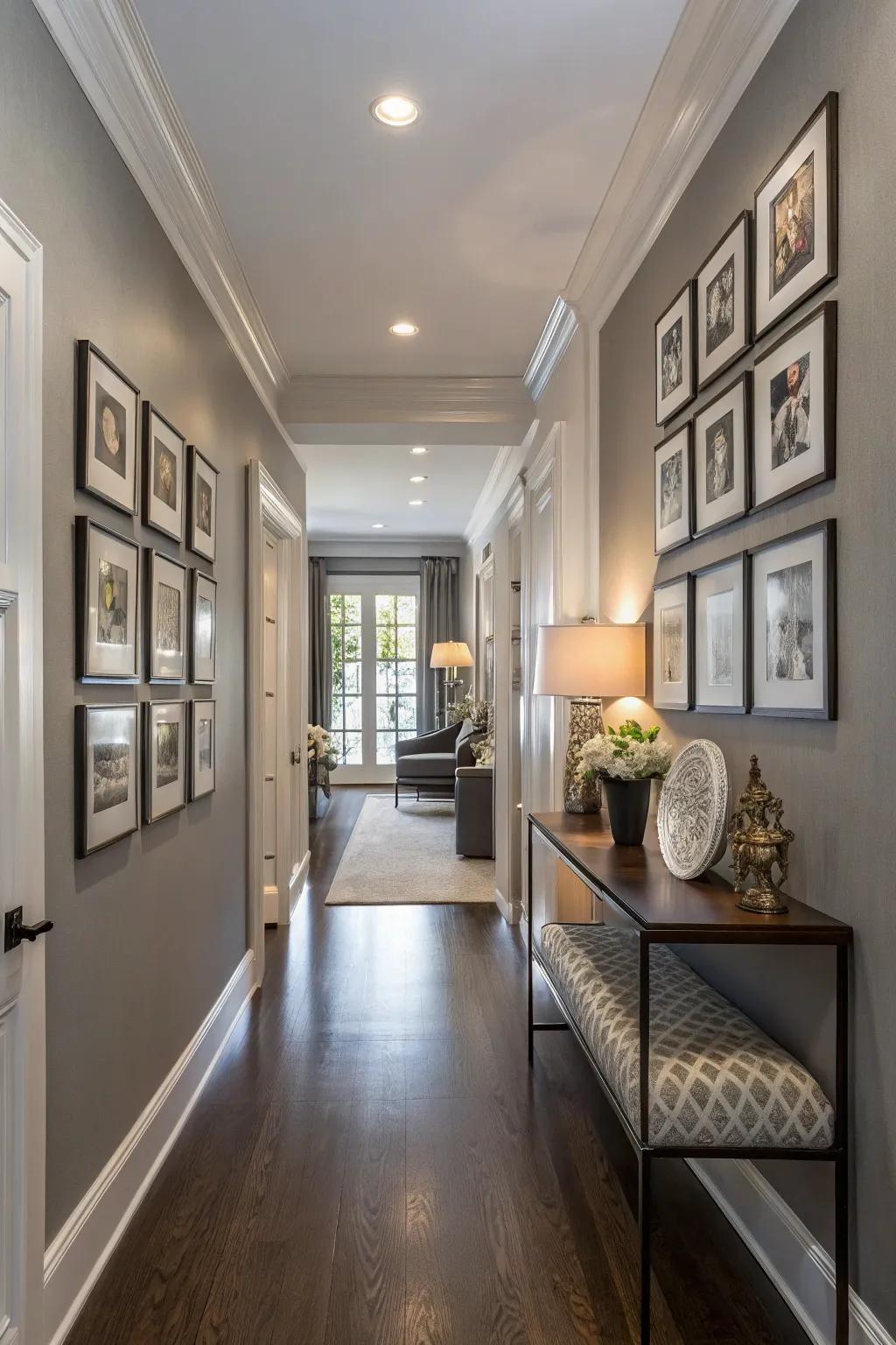 A townhouse hallway featuring soft gray walls for a versatile appearance.