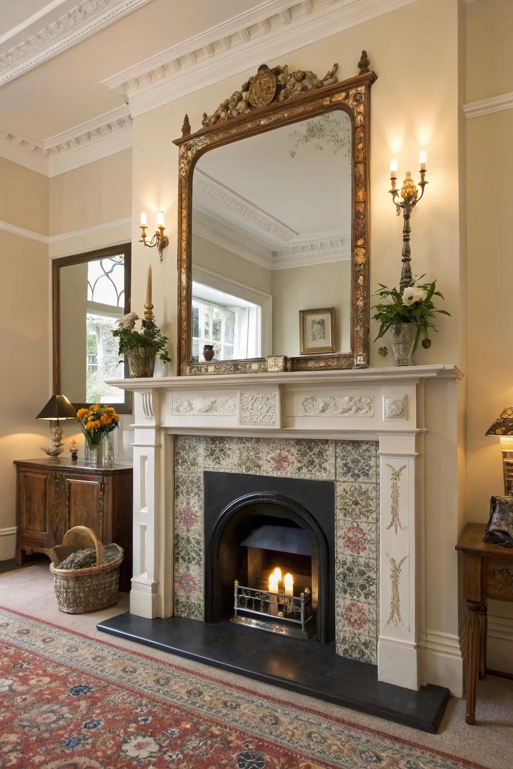 A large mirror above the surround enhances room depth.