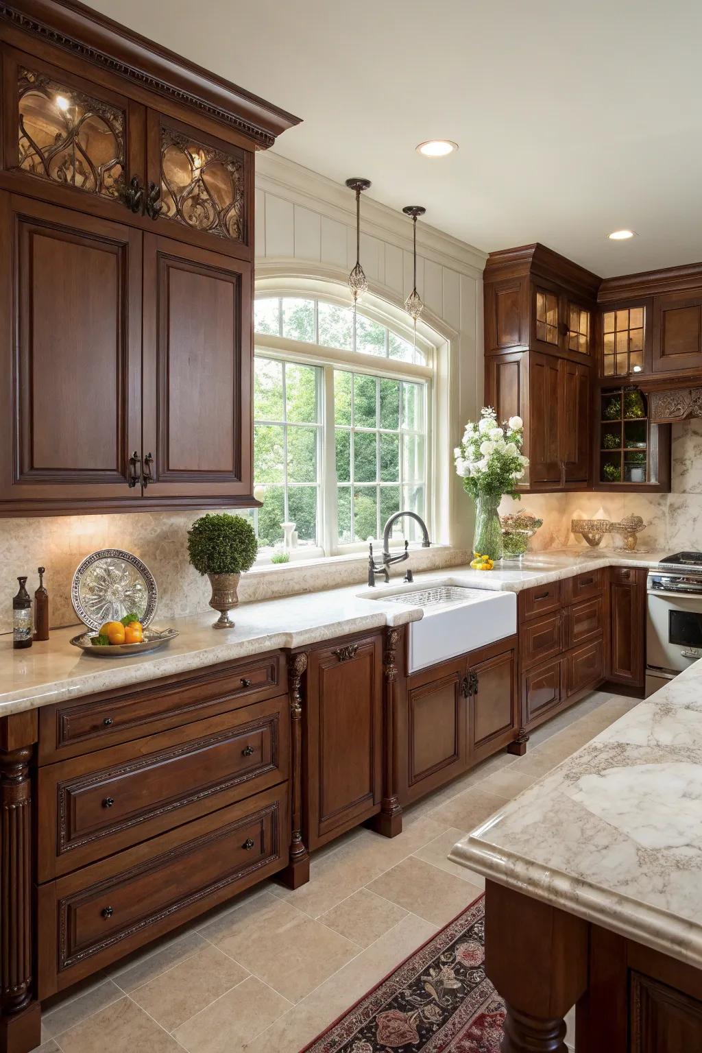 Mahogany cabinets add warmth and sophistication.