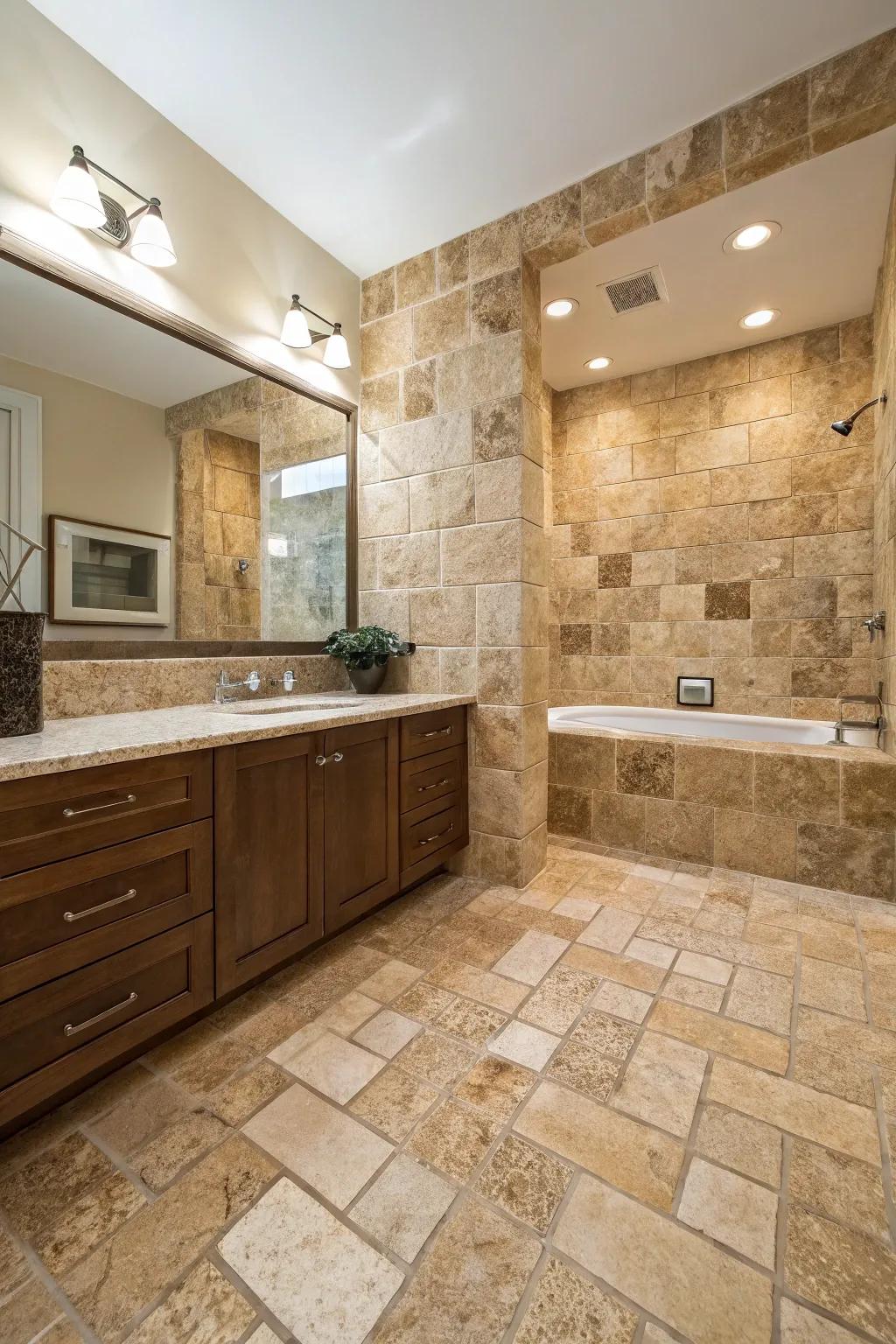 A bathroom showcased with a blend of textures featuring different cuts of travertine tiles.