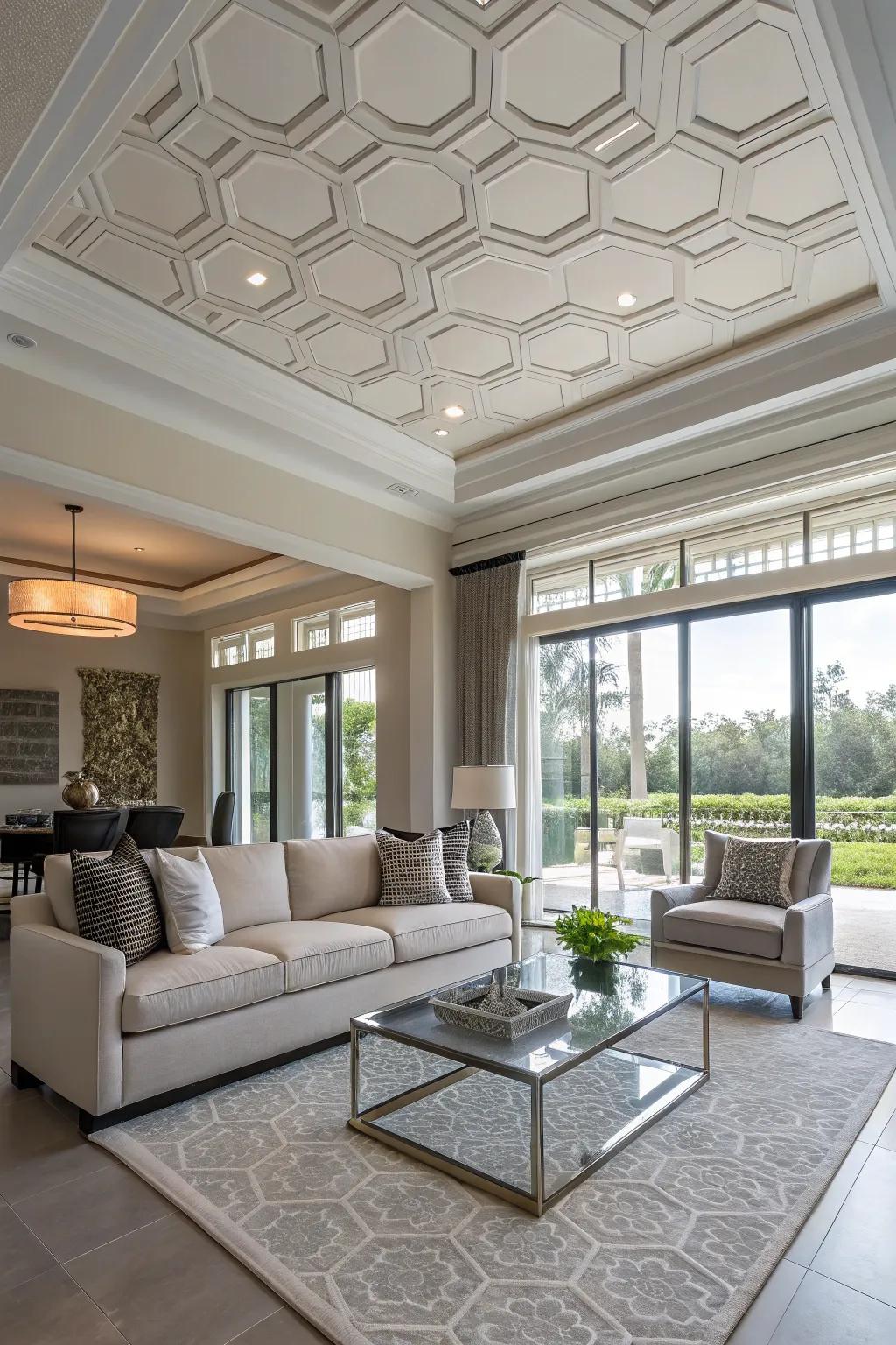 A modern living room showcasing a striking hexagonal tray ceiling.