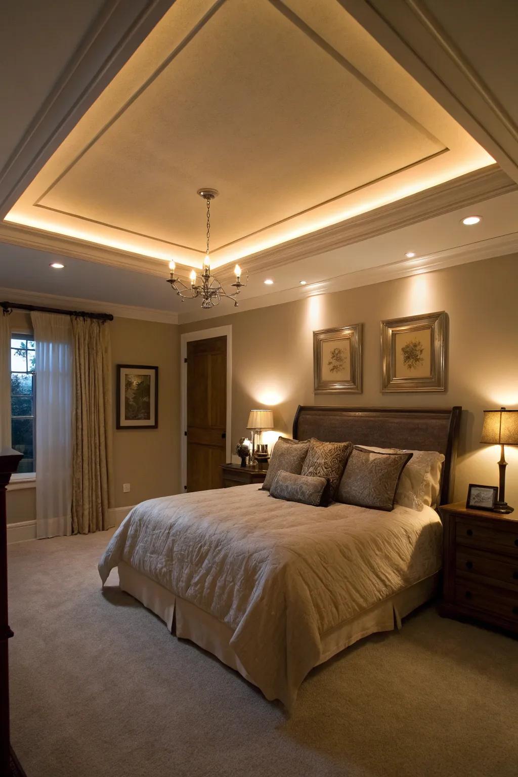A serene bedroom with inviting, adjustable lighting in the tray ceiling.