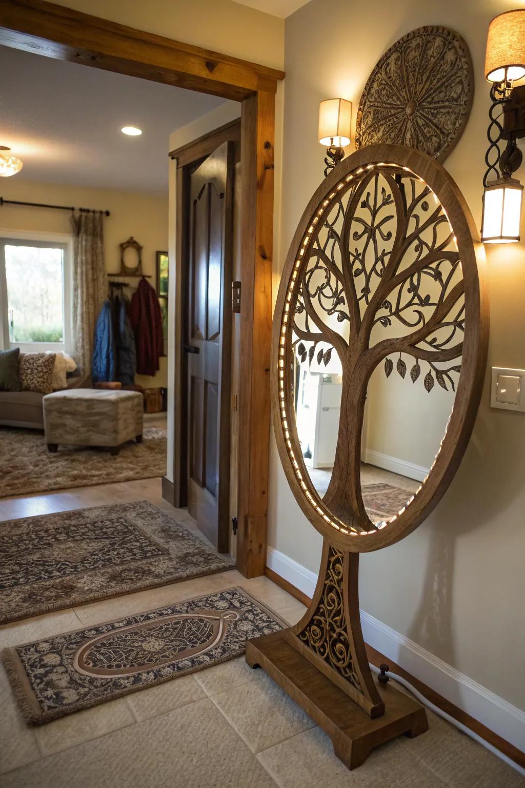 Arbor Vitae mirror reflecting light in an inviting entryway.
