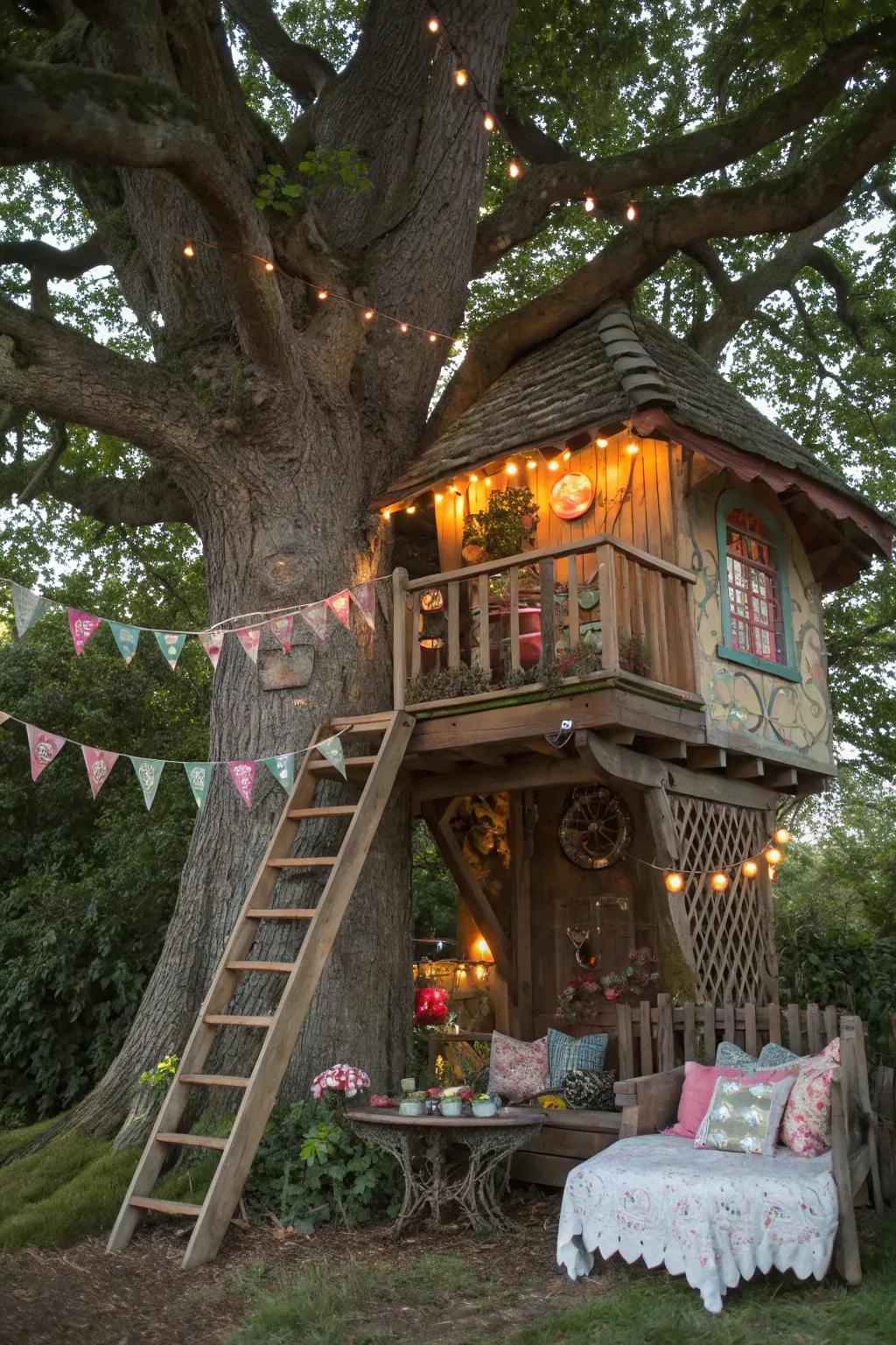 A themed treehouse with fairy tale elements, establishing a storybook-like atmosphere.