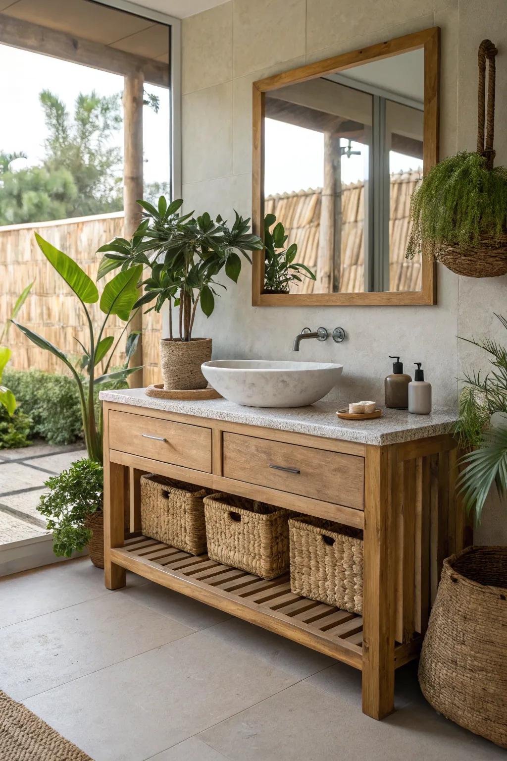 A bathroom vanity constructed from eco-friendly materials for a sustainable and natural appearance.