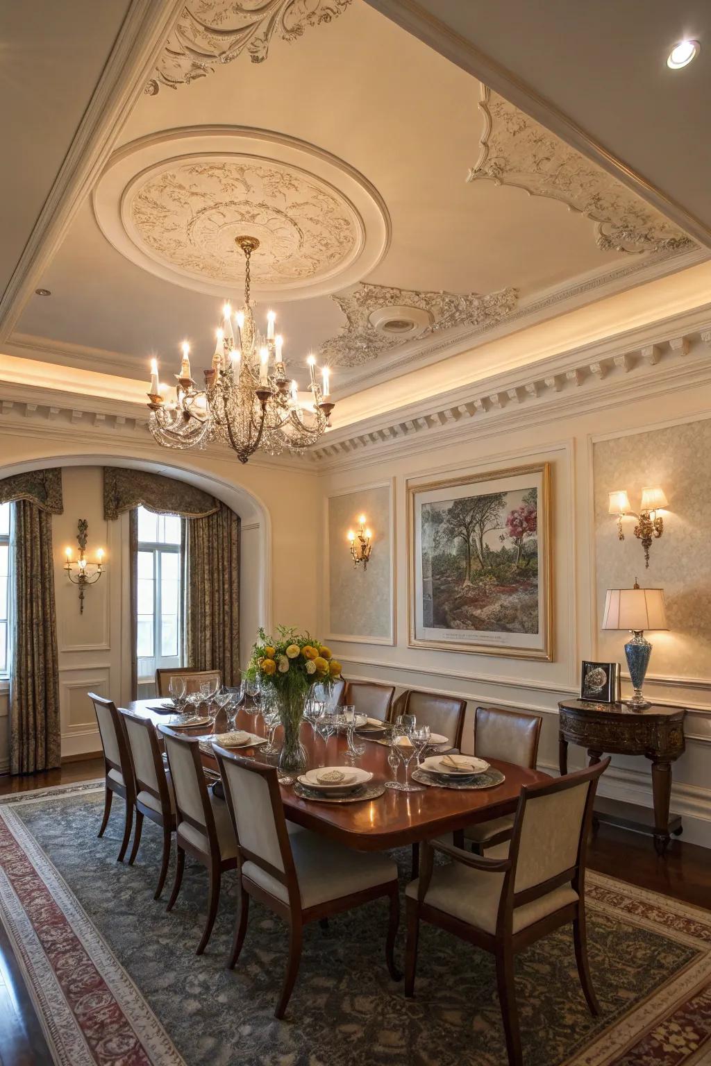 Ceiling trim adding a majestic touch to the dining area.