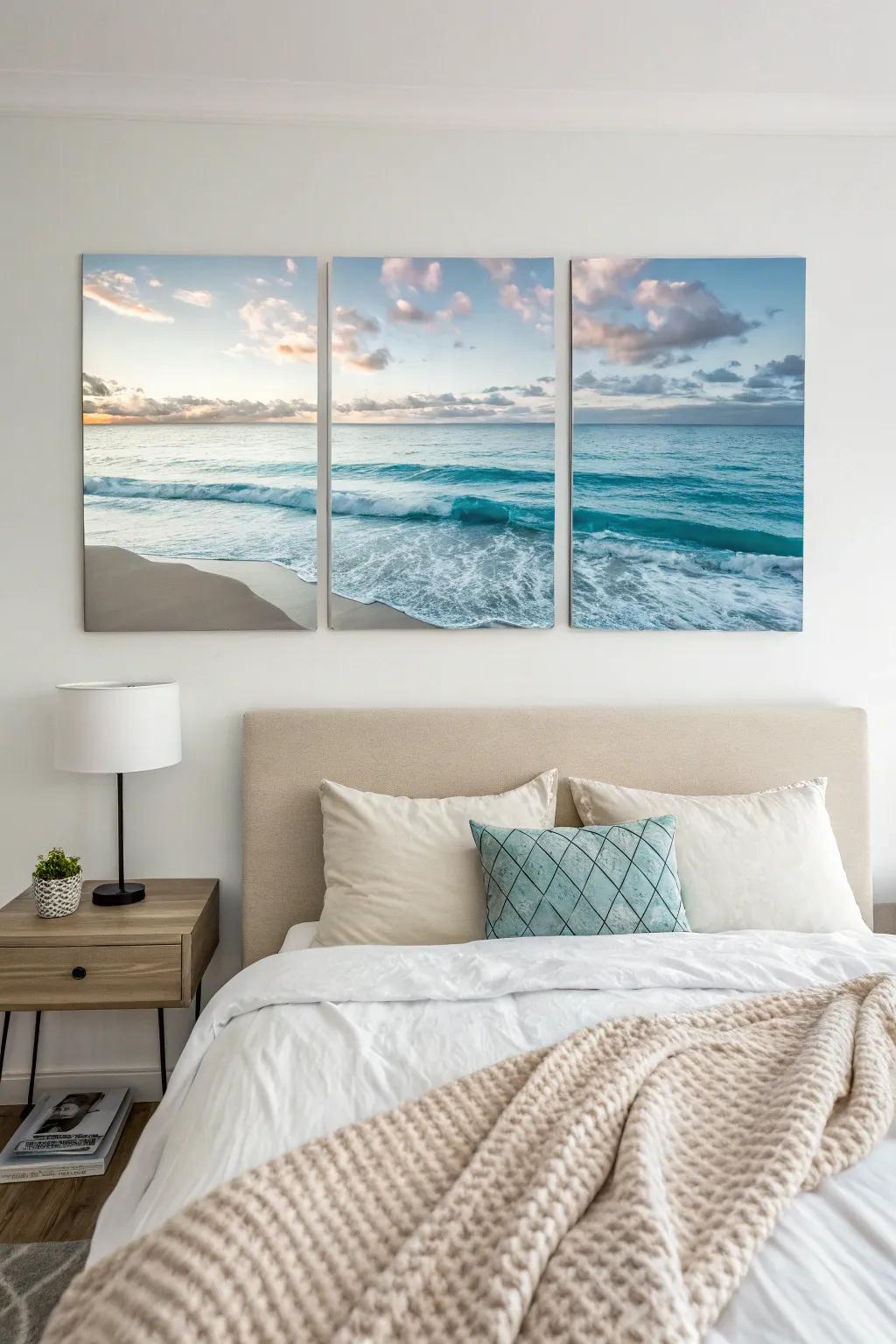 Beach-themed triptych for a tranquil bedroom retreat.