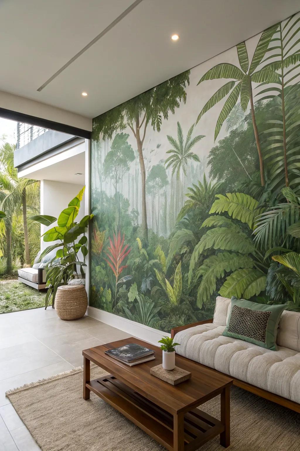 A tropical art piece turns the space into a rich jungle.