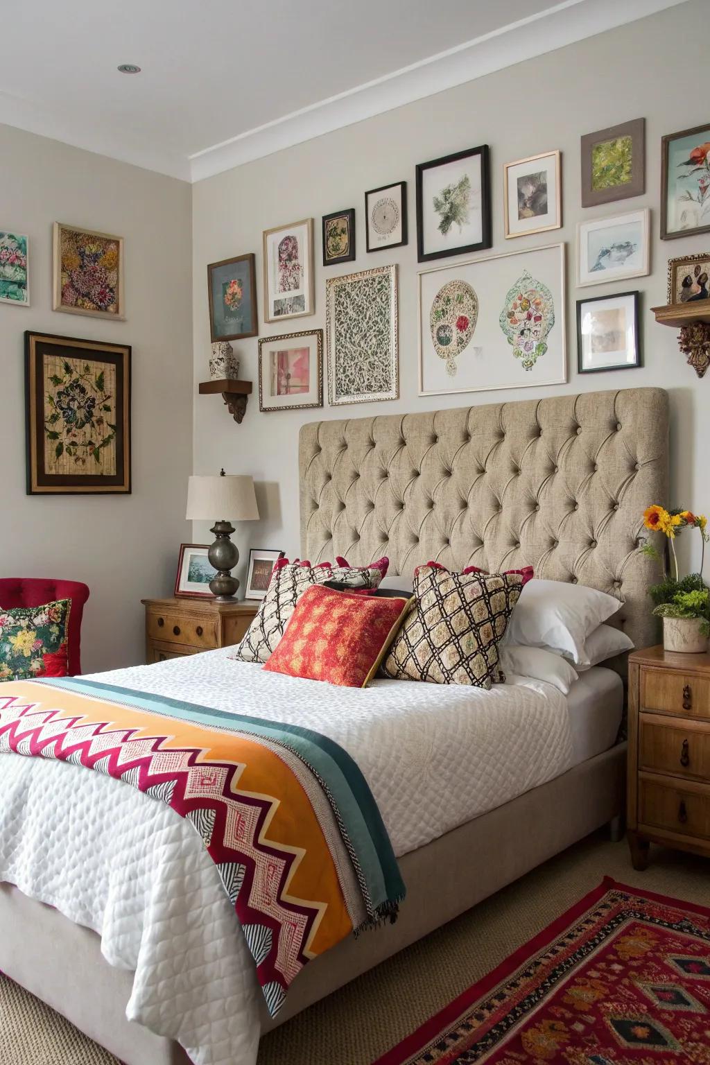 An eclectic bedroom with a patterned tufted headboard.