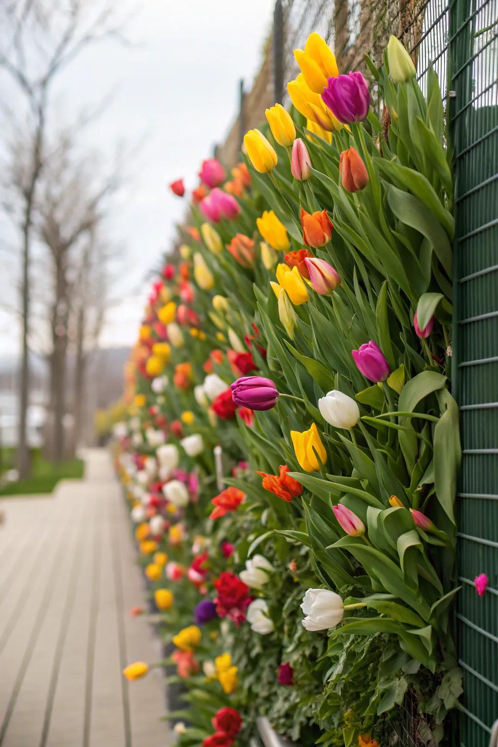 A stunning vertical garden wall filled with blooming tulips.