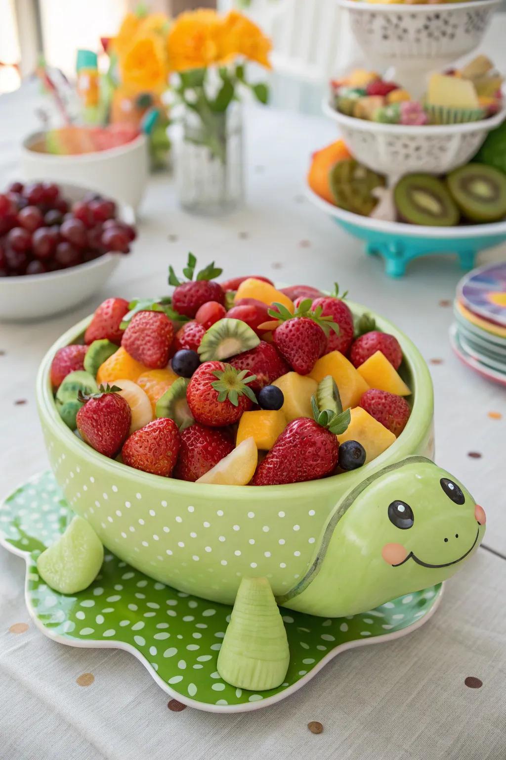 A creative turtle-shaped fruit bowl that is sure to impress.
