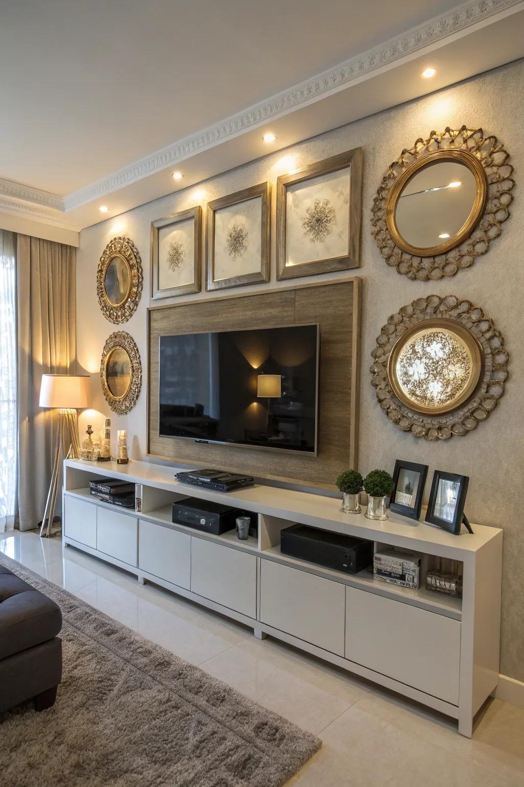 Mirrors introduce depth and openness to this TV wall.