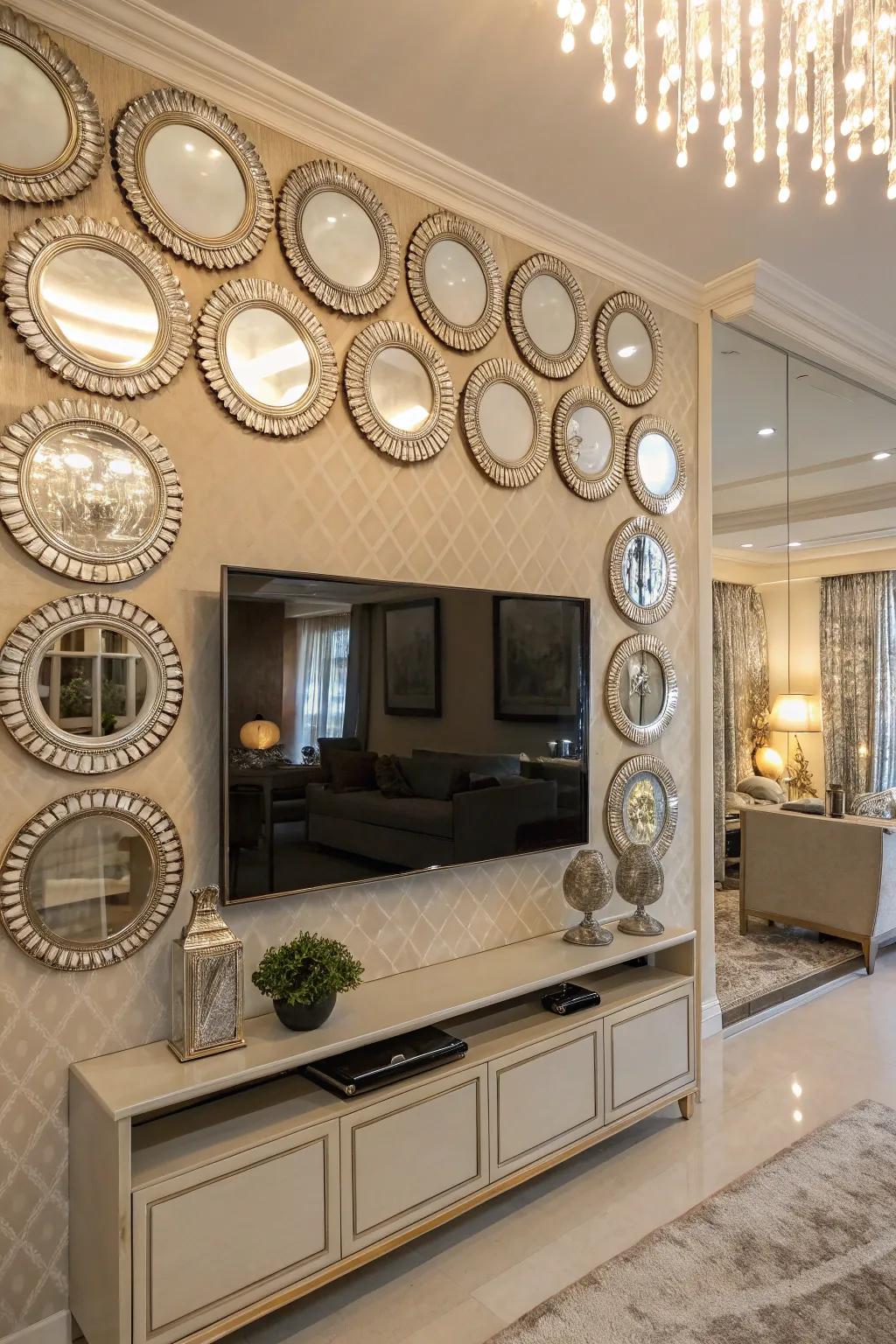 Reflective surfaces add depth and light to your TV area.