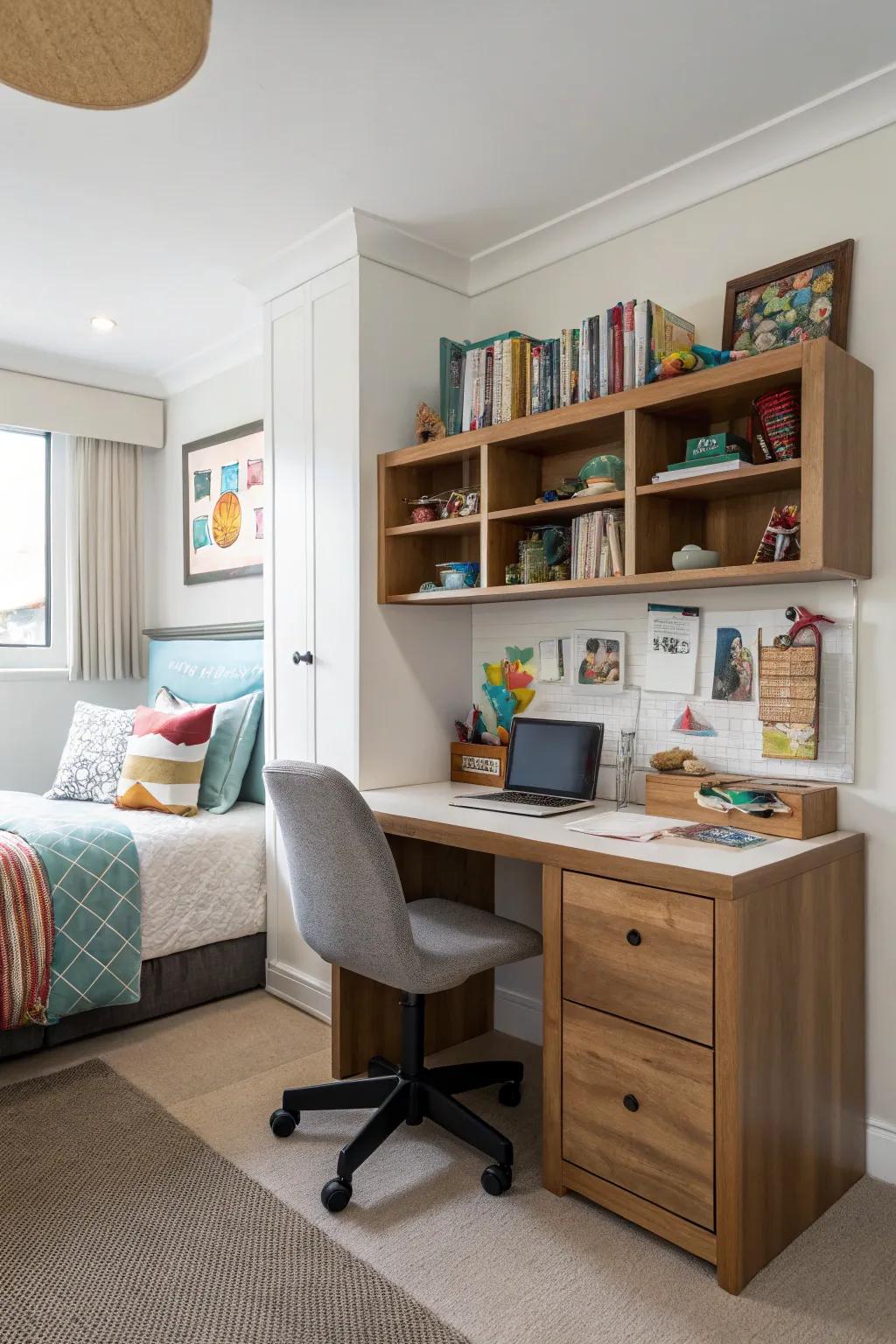A productive study nook in a tween boy's bedroom.