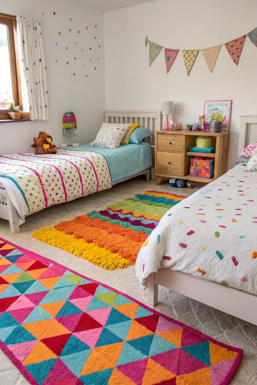 Colorful rugs add warmth and a fun accent to the space.