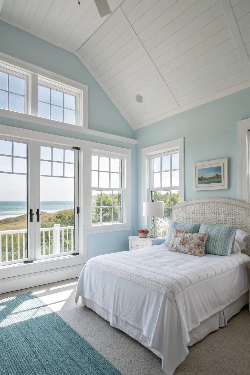 An airy bedroom featuring sky blue and white walls, reminiscent of a clear sky.