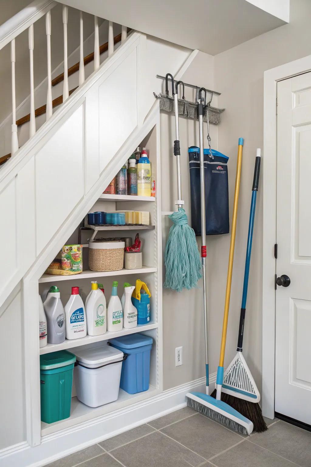 A neatly organized cleaning supply closet beneath the stairs.