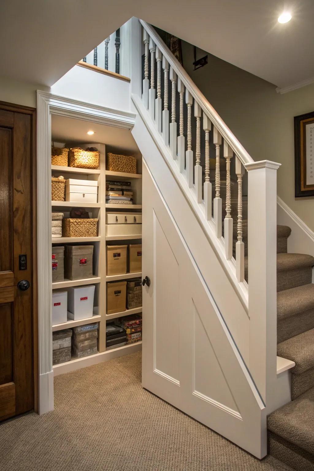 A secret storage area cleverly hidden under the stairs.