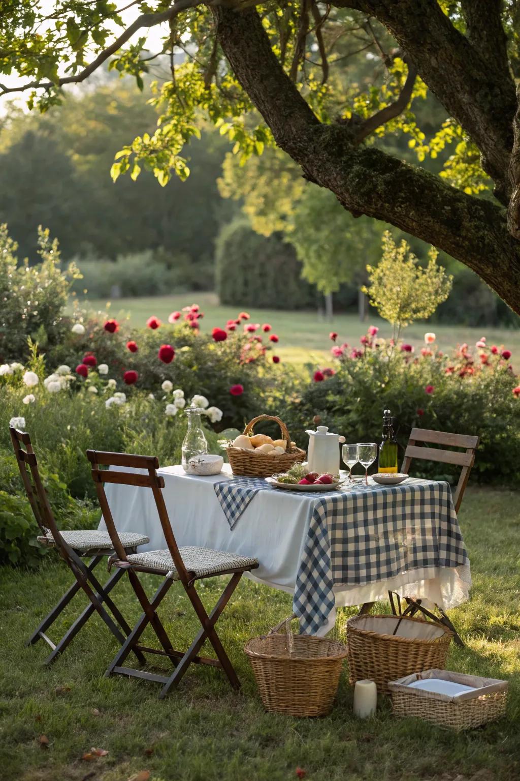 A picnic arrangement entices you to dine outdoors under the tree.