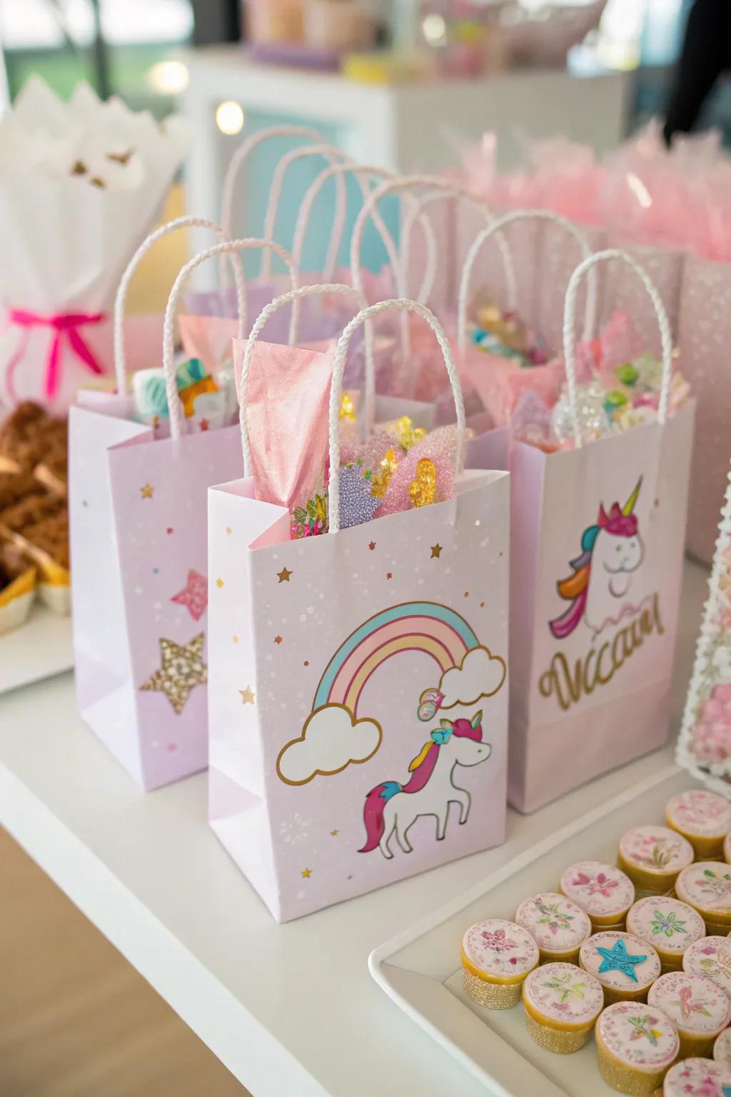 Unicorn party gift bags prepared for guests to take home.