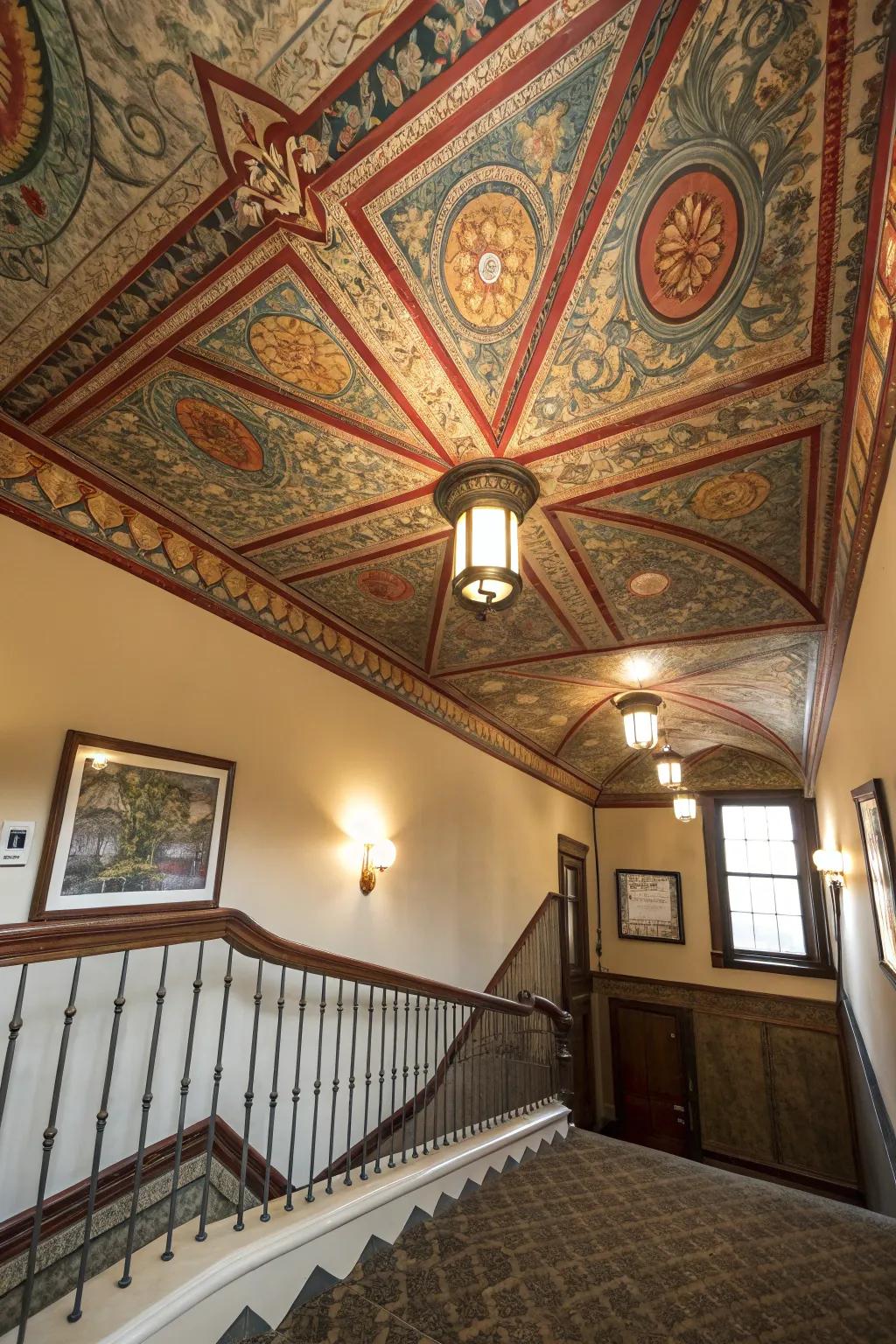 A statement ceiling adds unexpected flair to the upstairs landing.