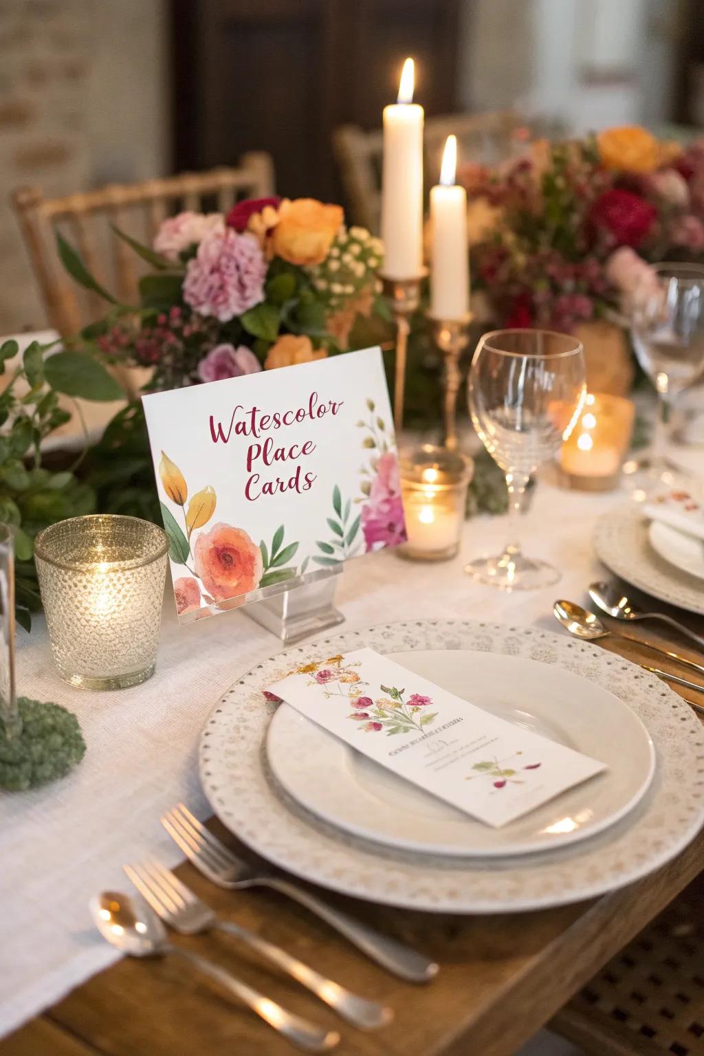 Watercolor place cards bring an artistic touch.