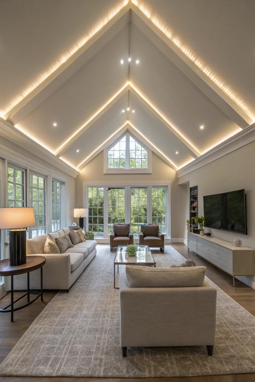 LED strips gently highlight architectural details.