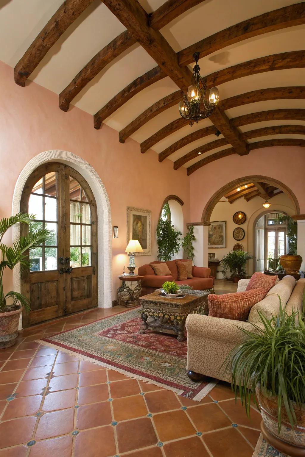 Coastal European impressions achieved with rounded woodwork on a vaulted ceiling.