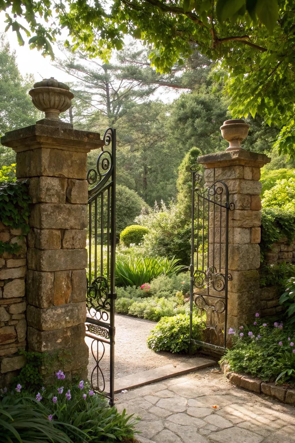Stone supports adding grandeur to the garden entrance.