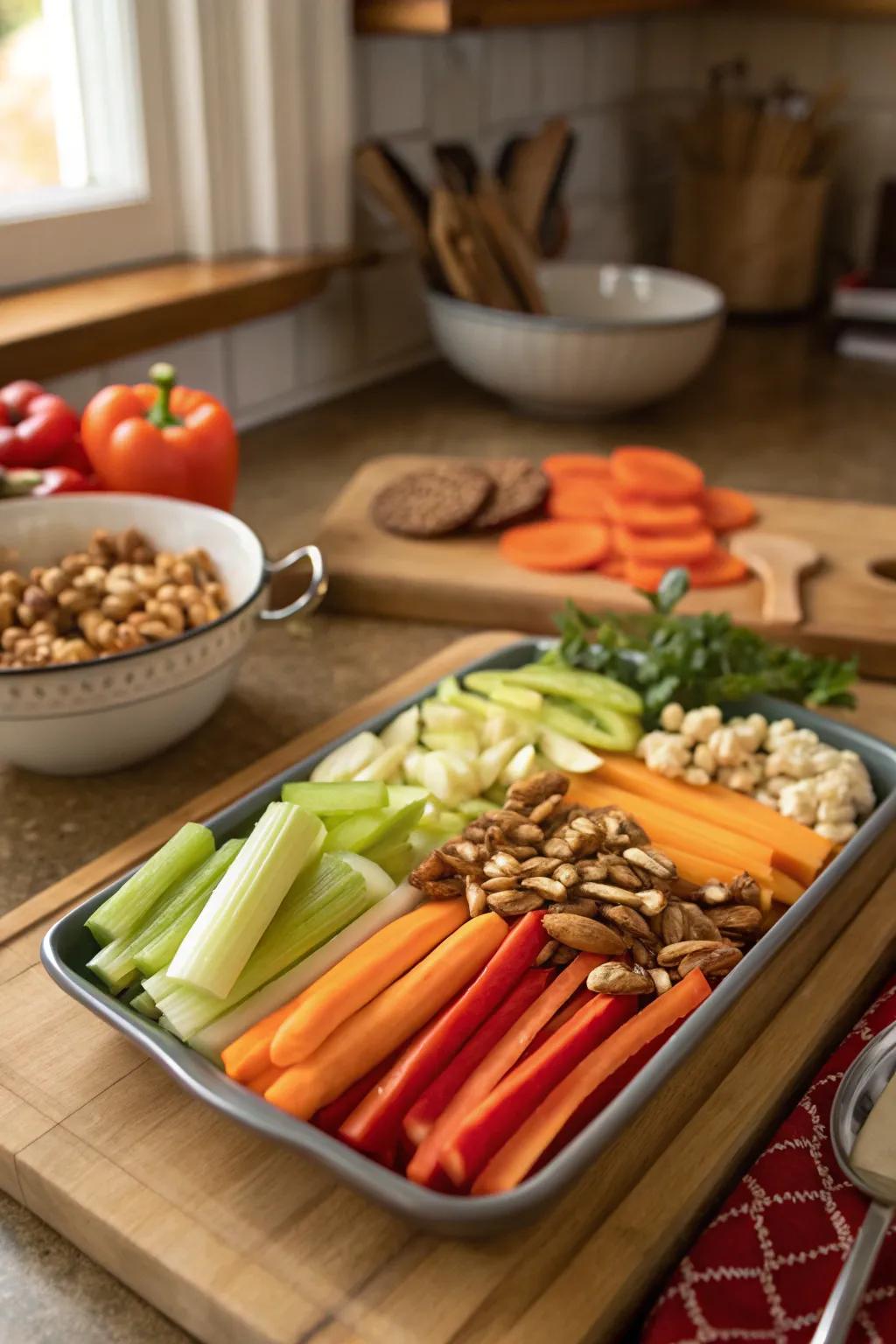 Veggie platter garnished with flavorful nuts.