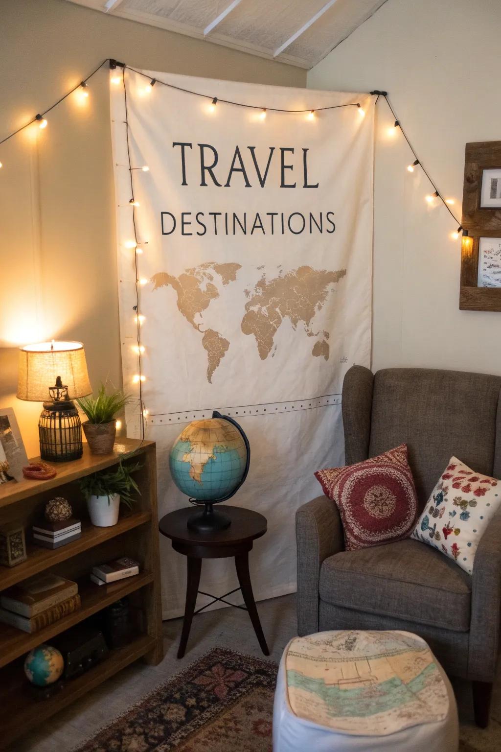 Travel-themed banners show beloved destinations in a cozy den.