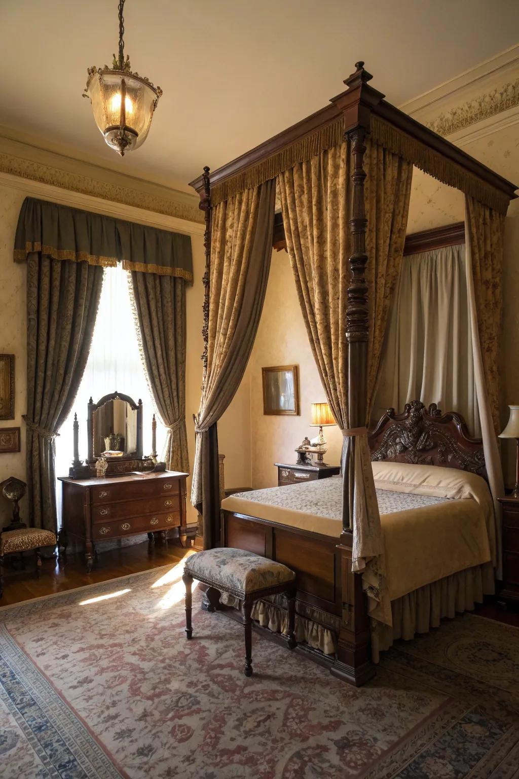 Heavy window coverings add drama and vintage splendor to the room.