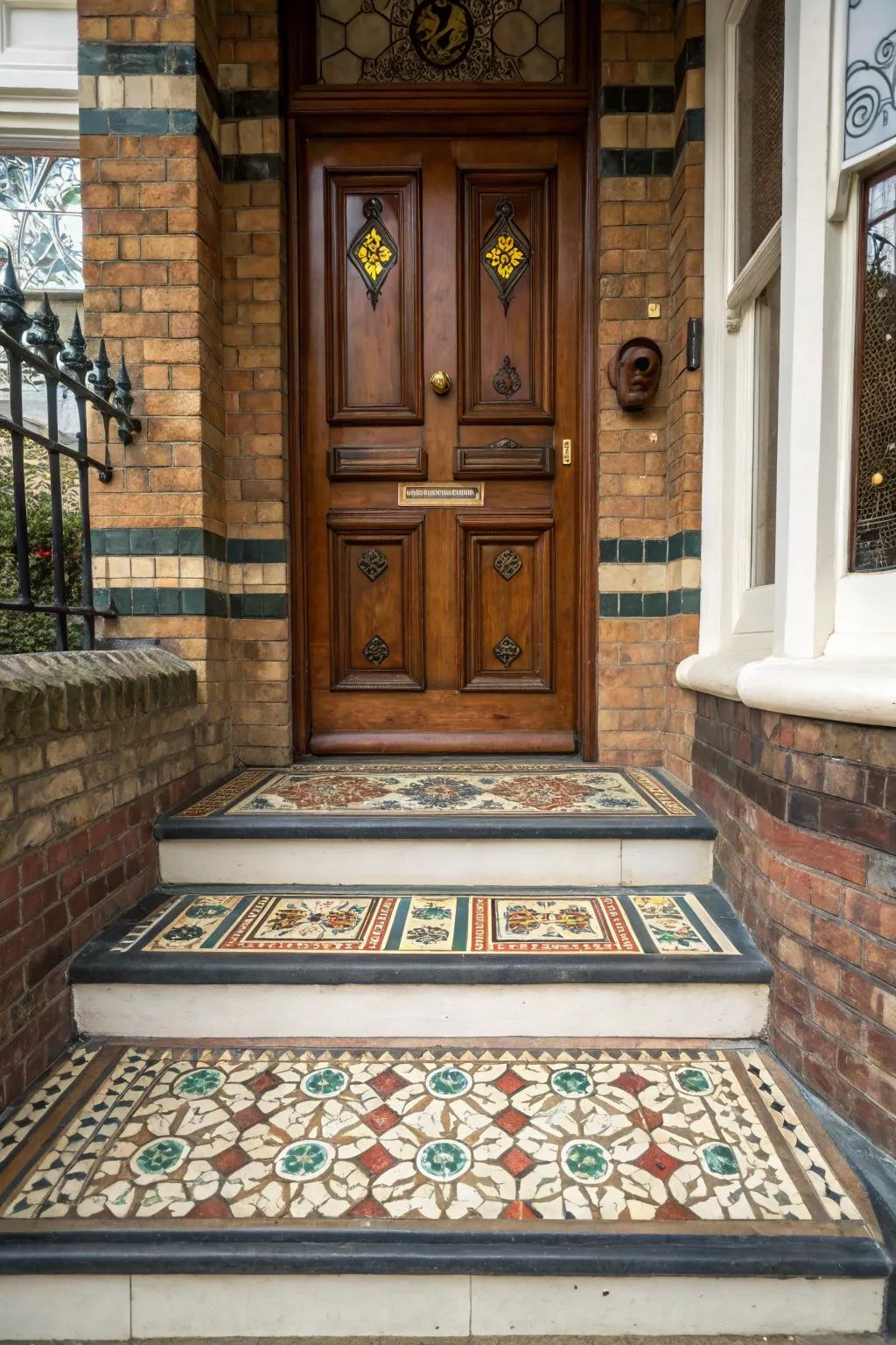 Tiled entrances introduce texture and color to this Victorian doorway.