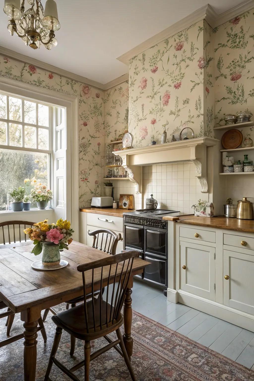 Wall coverings contribute depth and a personal touch to Victorian kitchens.