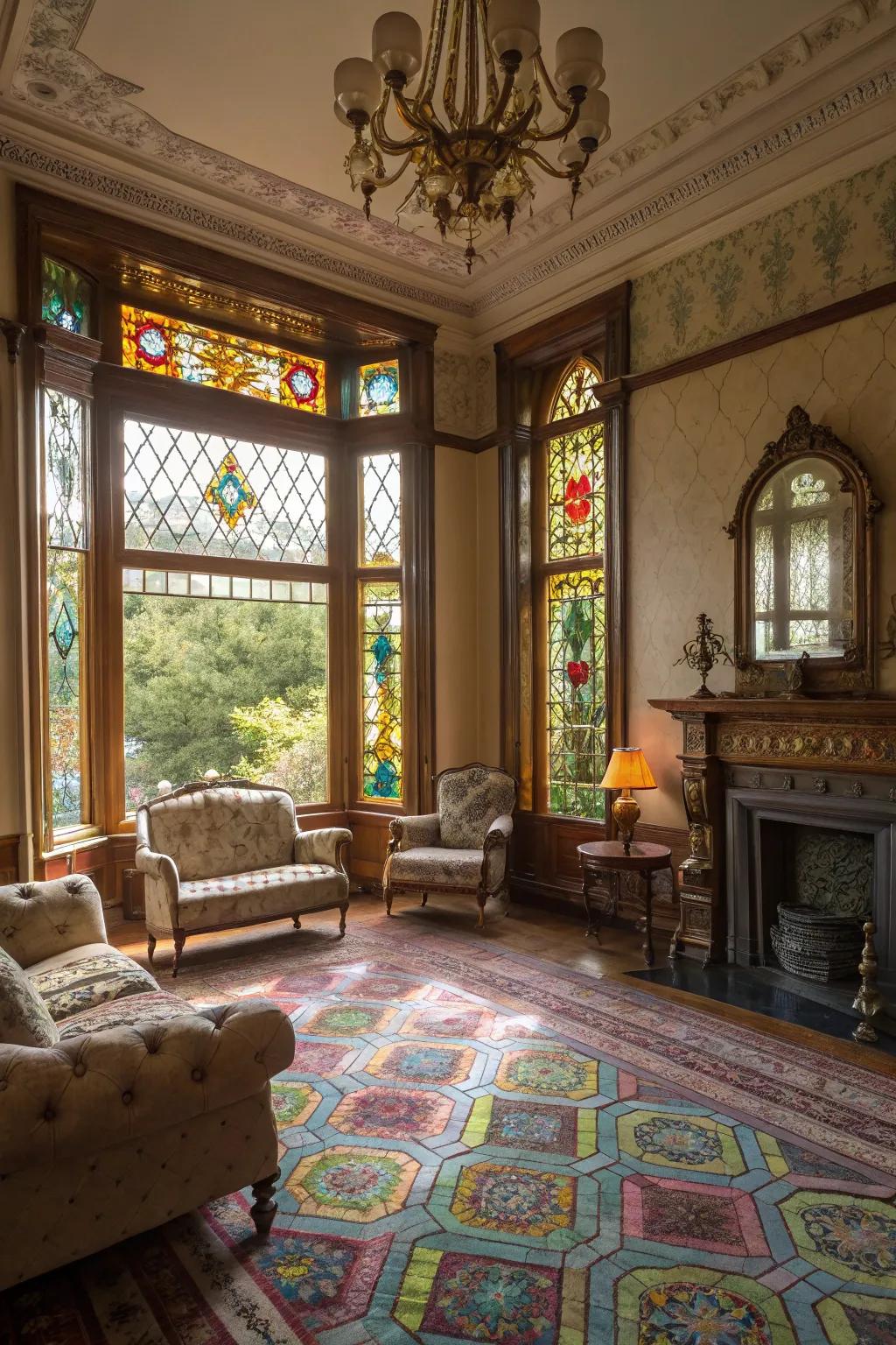 Colored glass windows project exquisite designs, heightening the room's splendor.