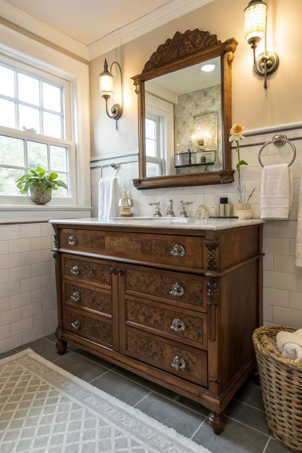 Remade heirlooms give unique vintage character to bathrooms.
