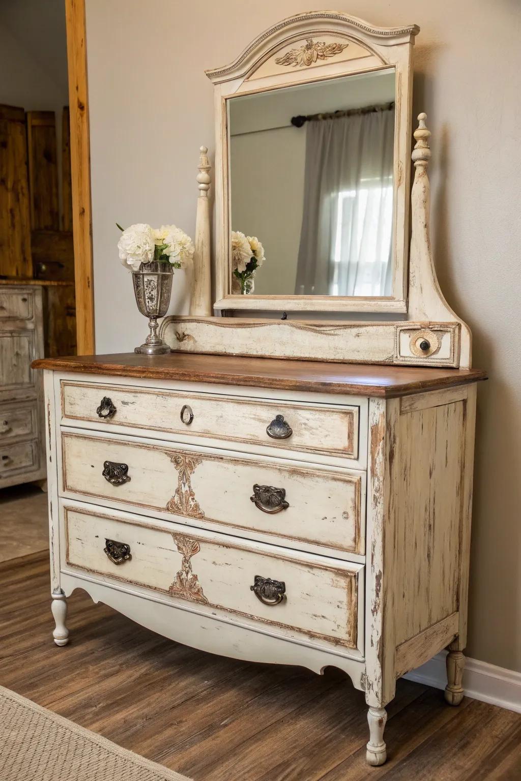 An old chest of drawers can be repurposed into a beautiful antique vanity.