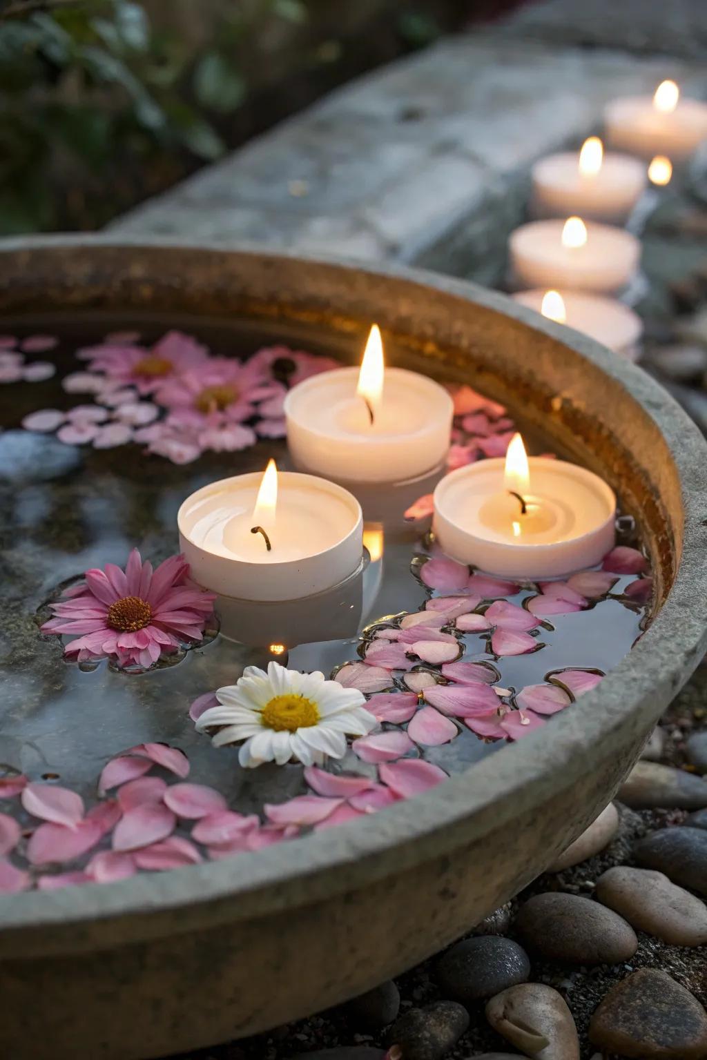 Floating votive lights create a mesmerizing centerpiece.