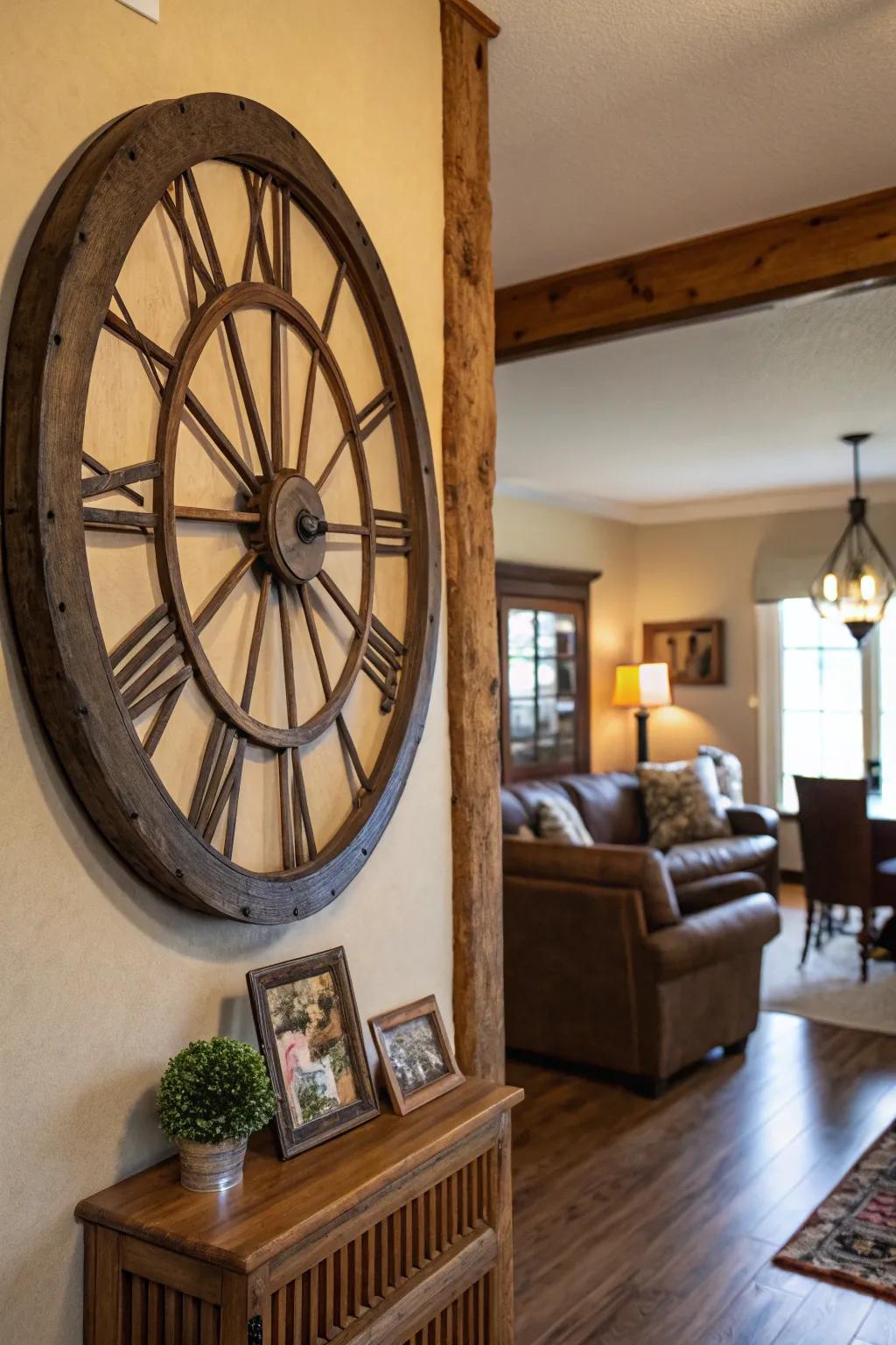 A cart wheel transformed into a classic clock, serving as a stunning wall feature.