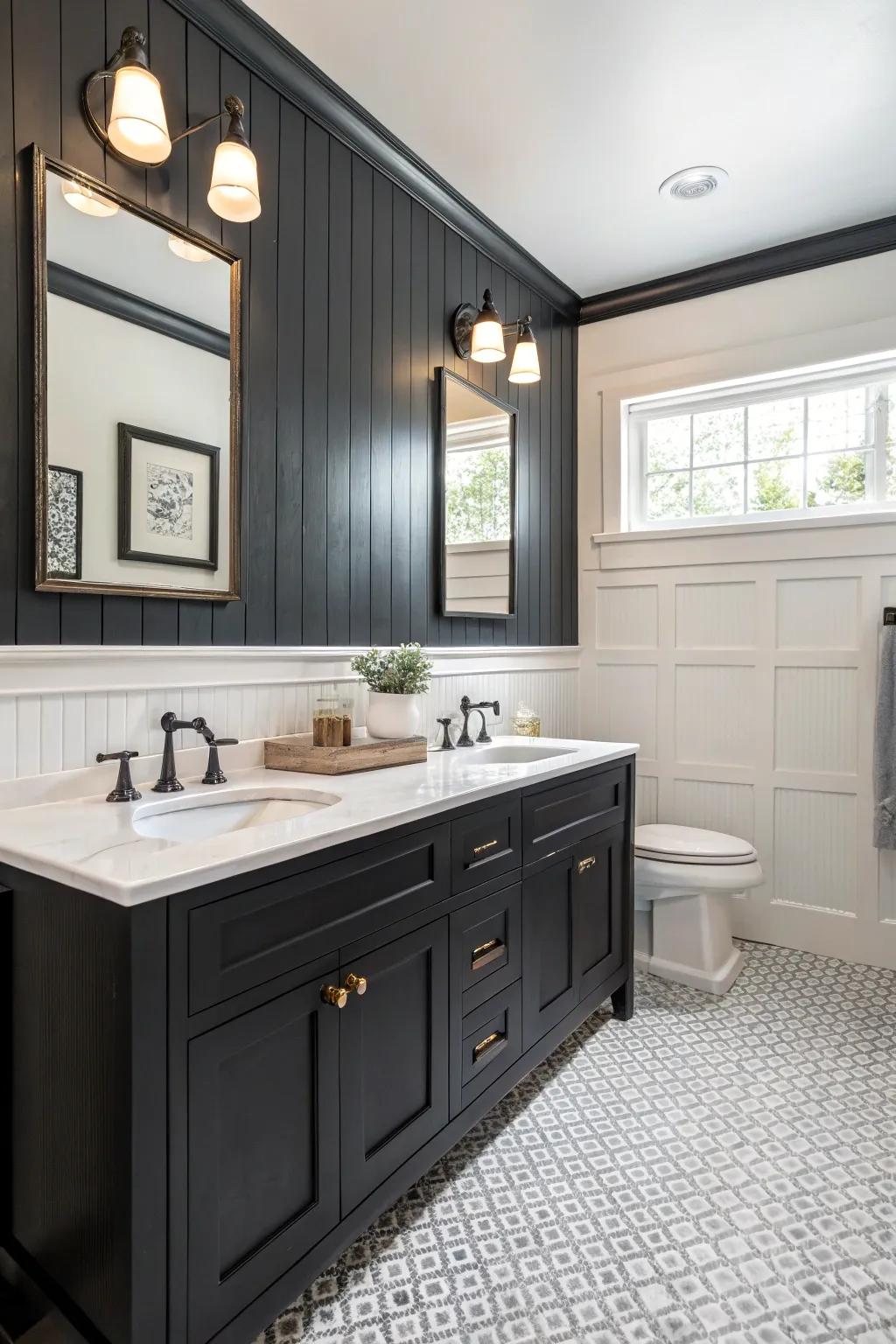 Dark wainscoting delivers a striking contemporary contrast.